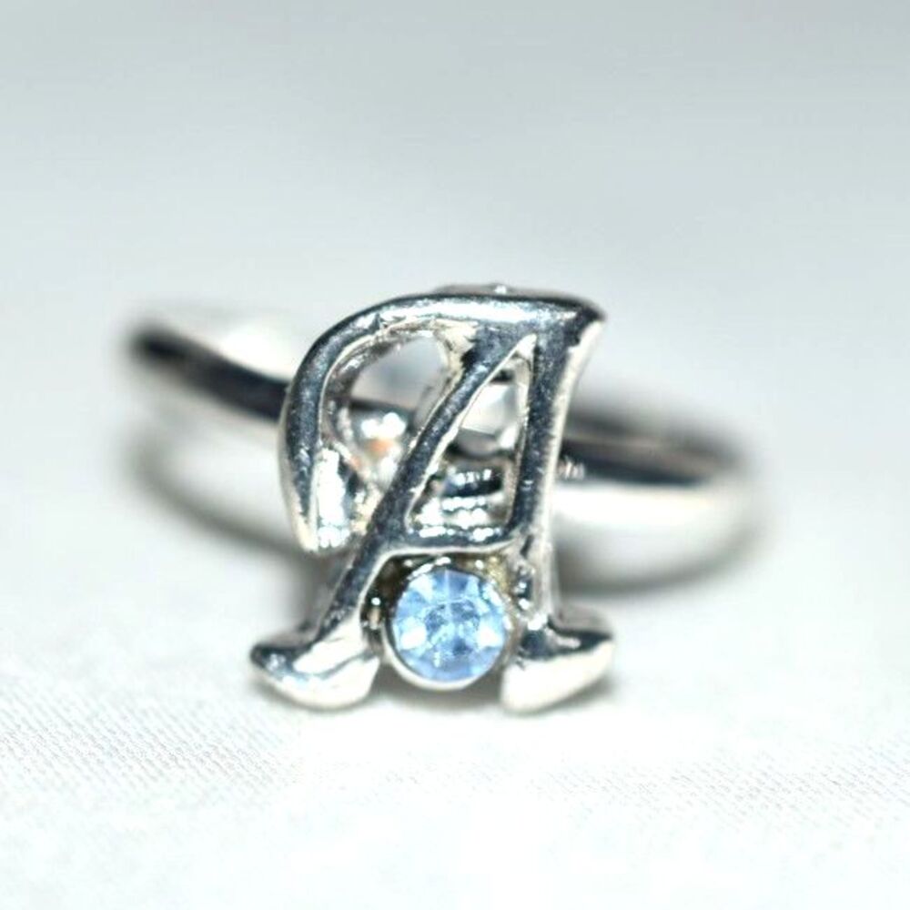 Gorgeous Initial Letter "A" Blue Crystal Inset Silver Tone Adj.Size 8-10 Ring